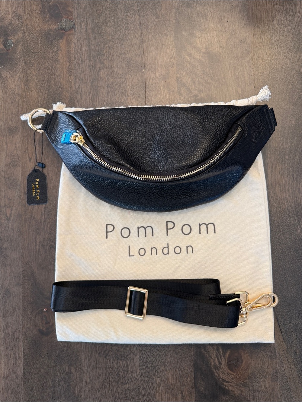 NWT Pom Pom London Black Leather Bum Bag